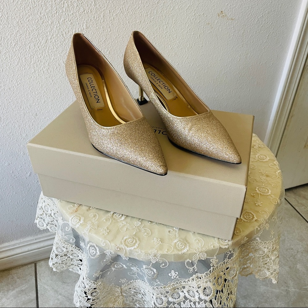 Charles&Keith:Weddingshoes Glitter Pumps Gold Bling Bling Bridal High Heel Shoes